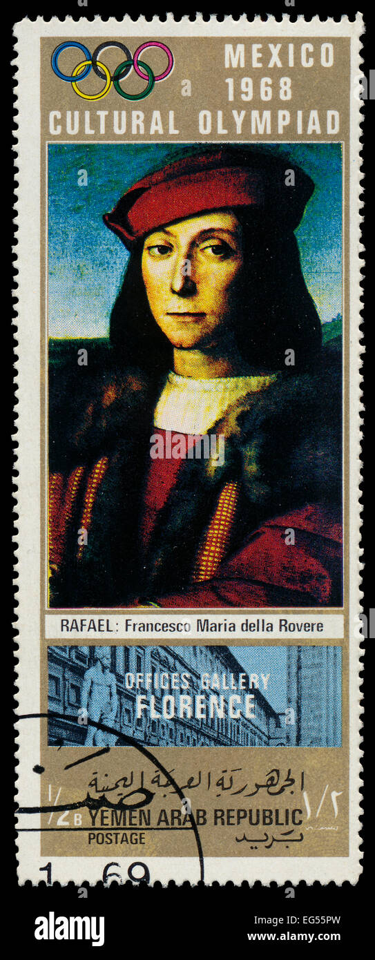 YEMEN ARAB REPUBLIC - CIRCA 1968: A stamp printed in Yemen Arab Republic shows Francesco Maria della Rovere by Rafael, circa 196 Stock Photo