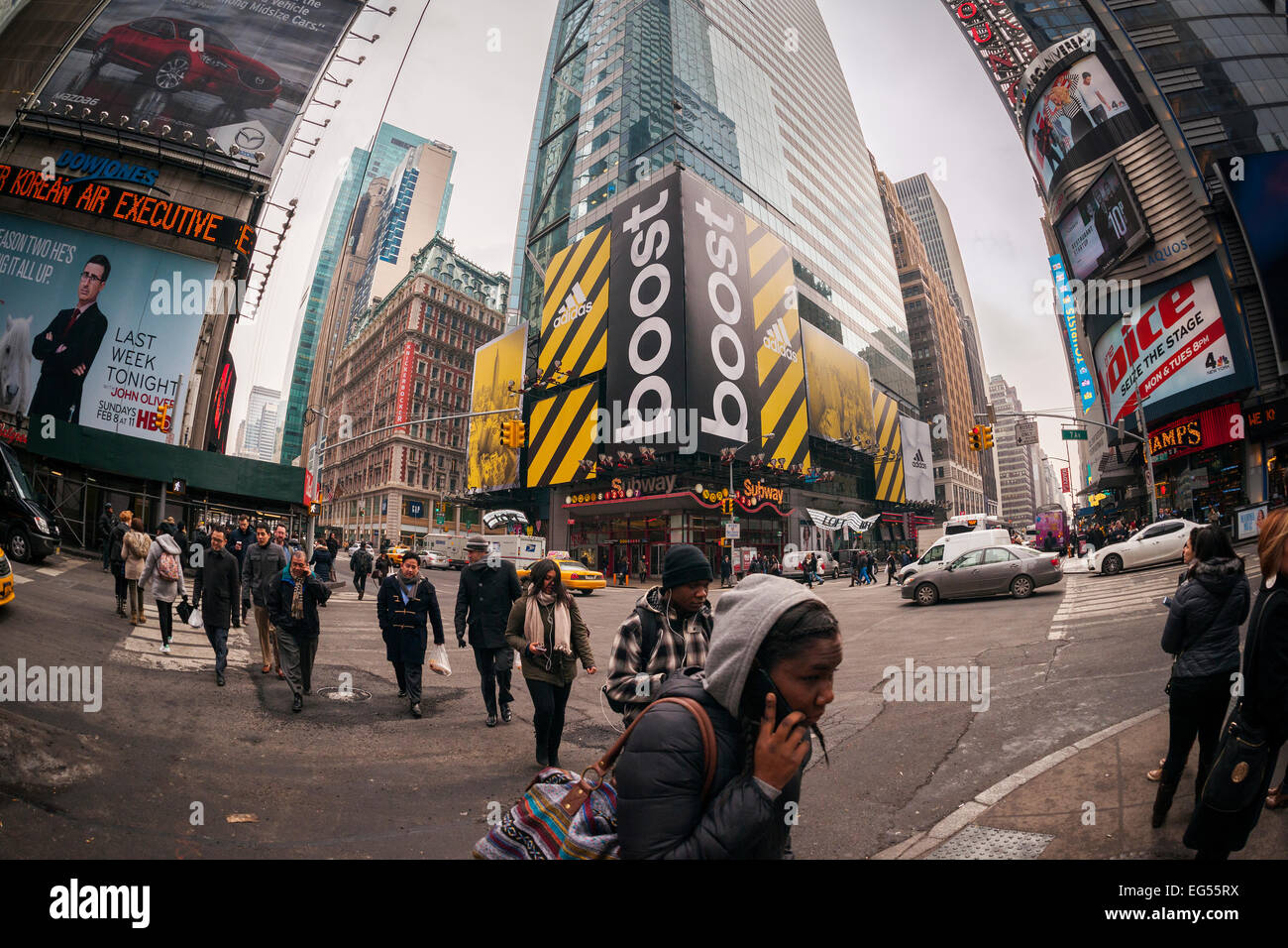 Advertising for the Adidas Boost brand performance sneakers in Times Square  in New York on Thursday, February 12, 2015. (© Richard B. Levine Stock  Photo - Alamy