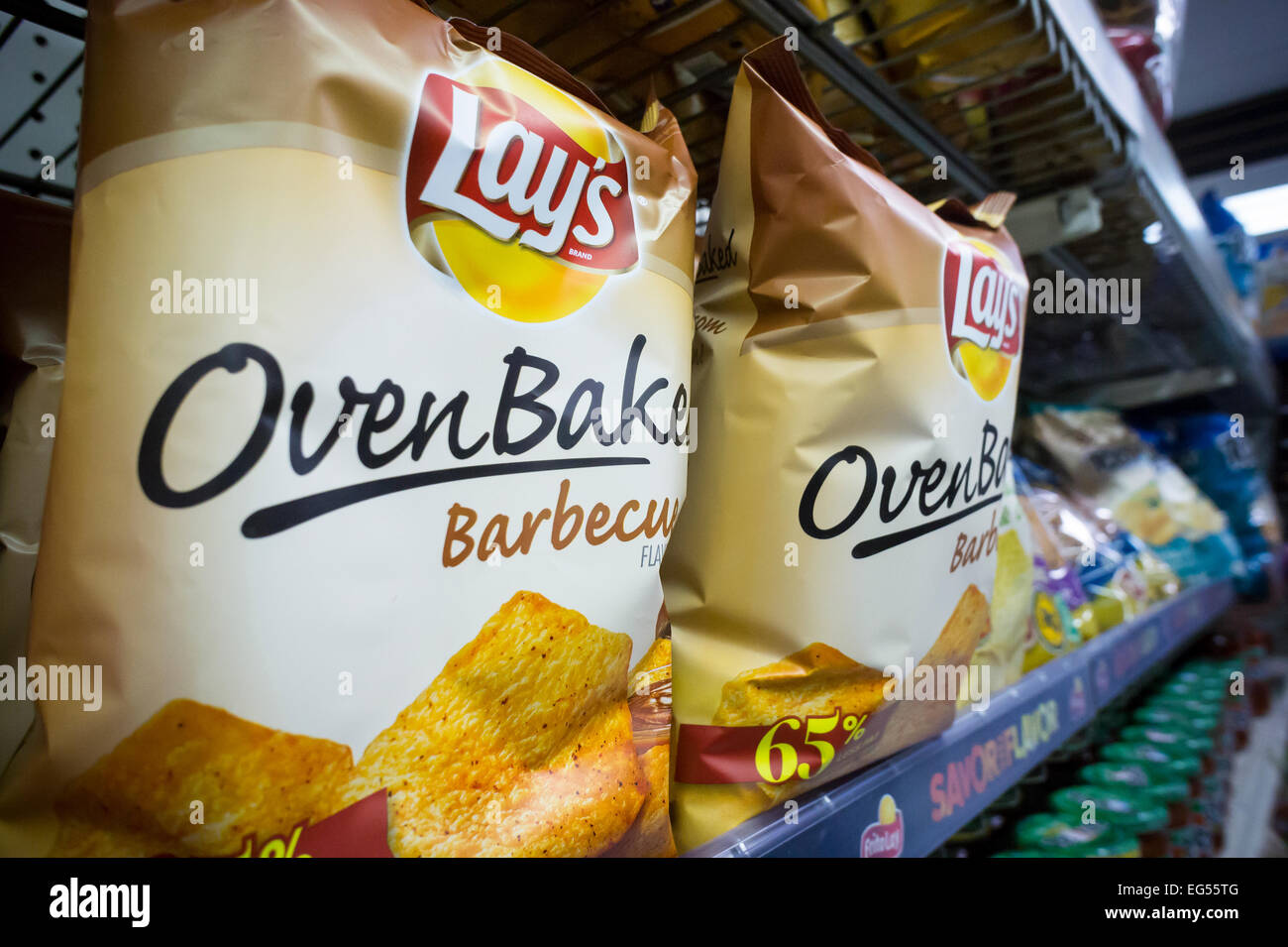 A display of PepsiCo Frito-Lay potato chip snacks in a supermarket in New York on Thursday, February 12, 2015. (© Richard B. Levine) Stock Photo