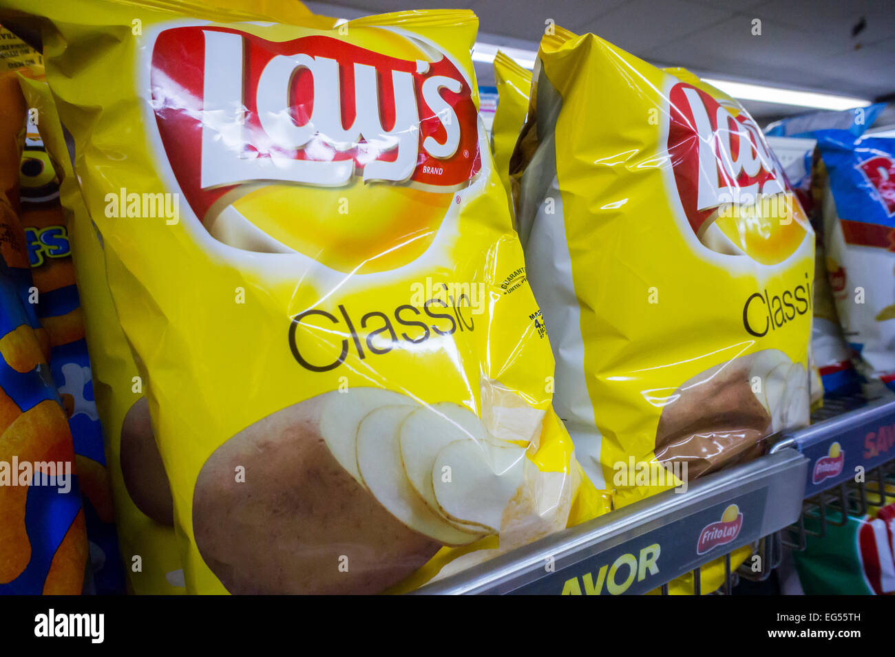 A display of PepsiCo Frito-Lay potato chip snacks in a supermarket in New York on Thursday, February 12, 2015. (© Richard B. Levine) Stock Photo