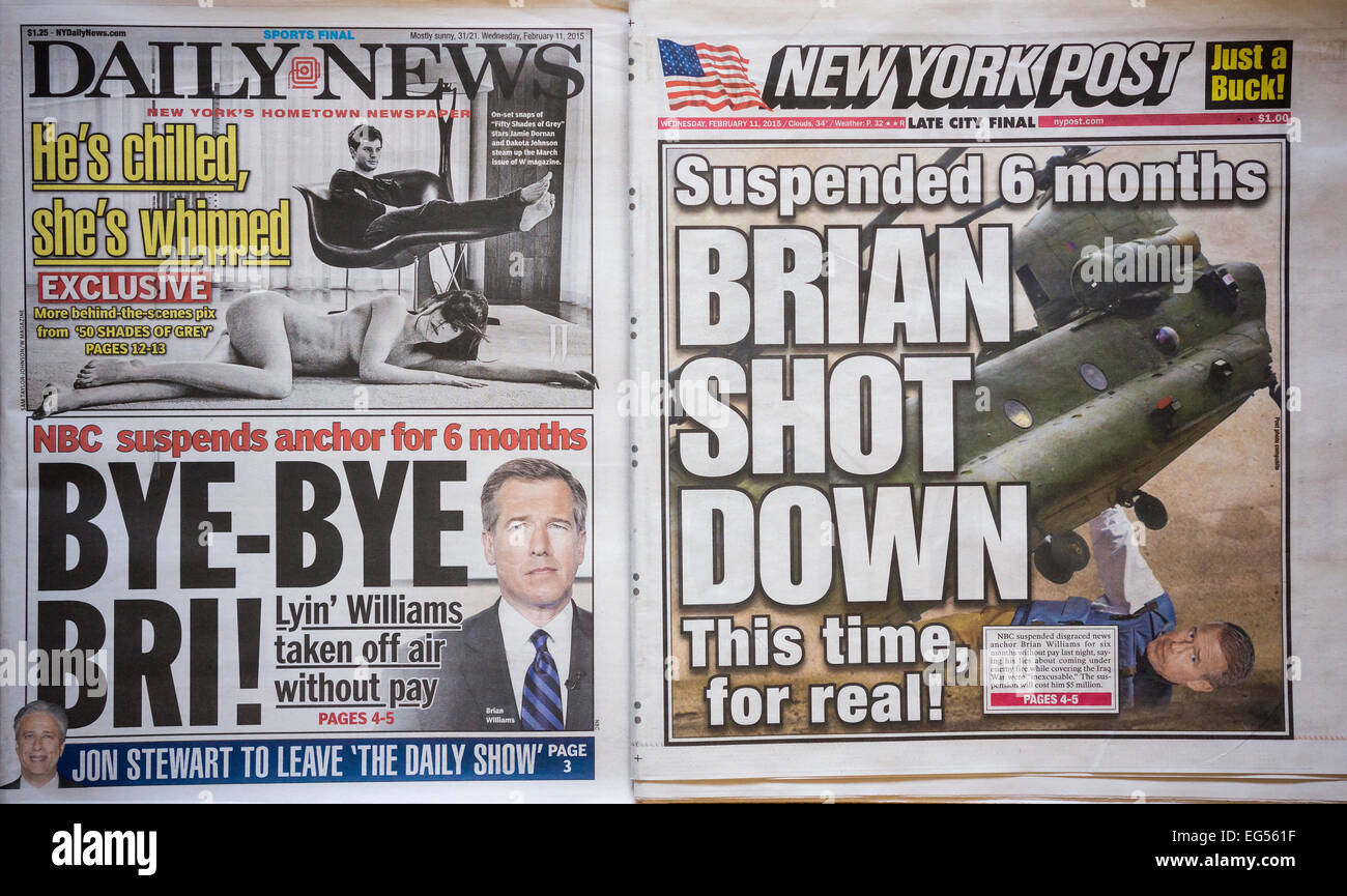 Front pages on Wednesday, February 11, 2015 of the New York Daily News and the New York Post use similar headlines to report the 6 month suspension of NBC anchor Brian Williams for allegedly falsifying his experiences in the Iraq war.  (© Richard B. Levine) Stock Photo