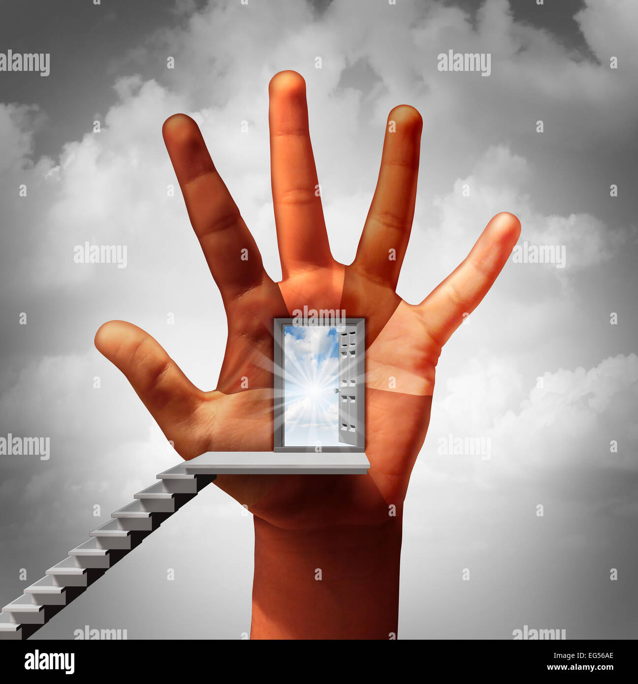 Equal opportunity and work equality business concept as an open door on a human hand with fingers representing diverse multicultural people as a metaphor for fighting discrimination in the workplace. Stock Photo
