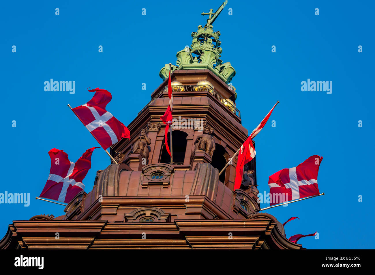 The spire of Christiansborg Palace, Danish parliament Folketinget, Copenhagen, Denmark Stock Photo