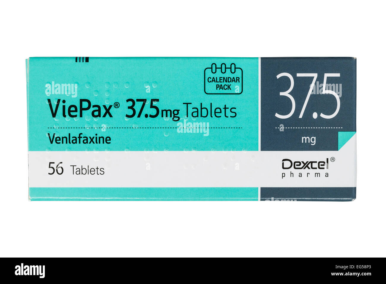A box of Viepax Venlafaxine 37.5mg tablets on a white background Stock Photo