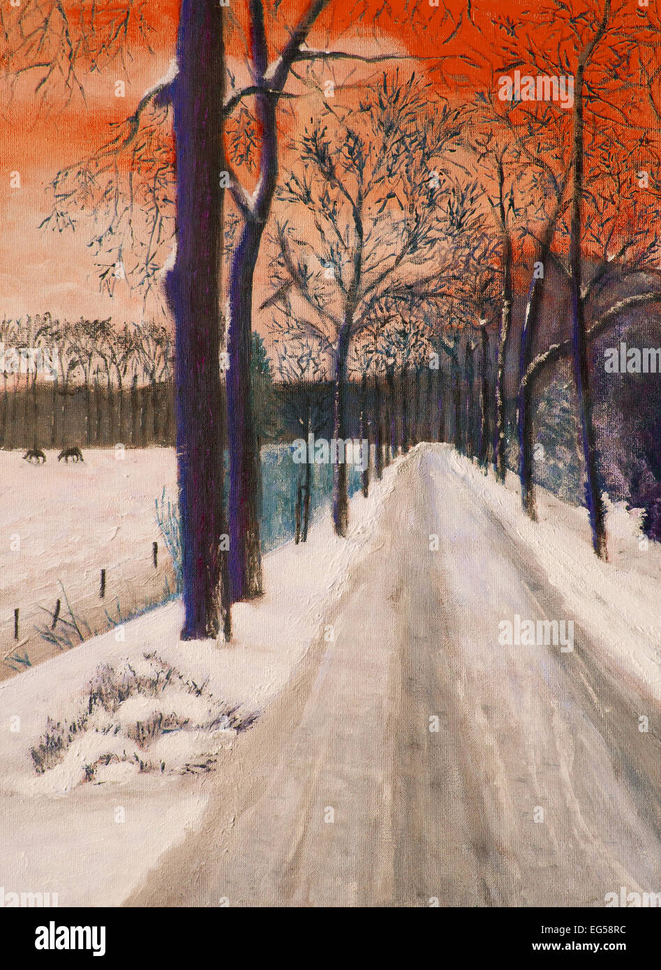 Original oil painting of a winter landscape Stock Photo - Alamy