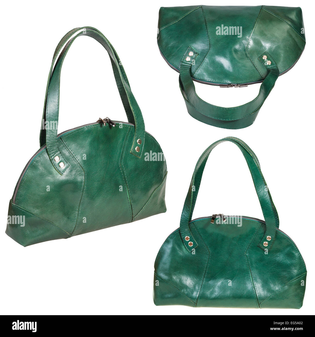 set of green leather handbags isolated on white background Stock Photo