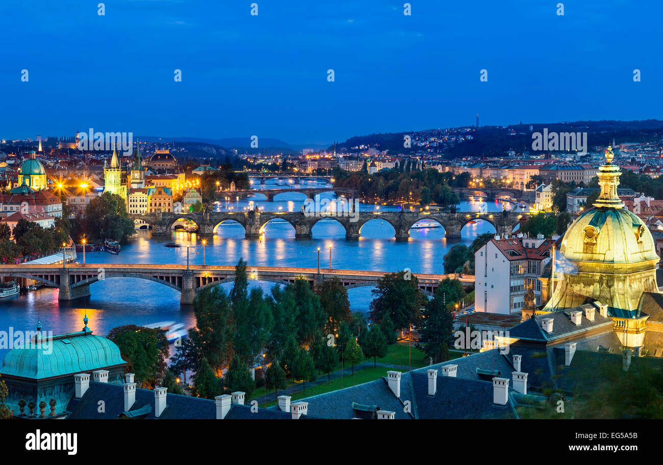 Over of Vlatava river and Charles bridge and bridges of Prague. Stock Photo