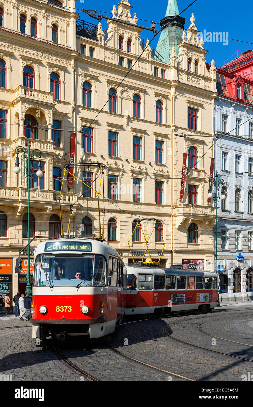 Prague, Street car and old style apartment building Stock Photo