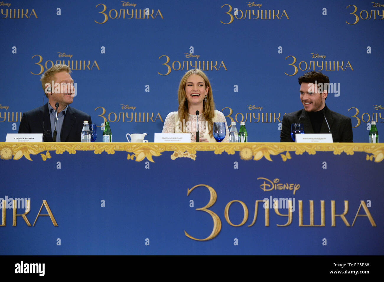 Moscow, Russia. 17th Feb, 2015. Director Kenneth Branagh, actress Lily James and actor Richard Madden (from L to R) attend a press conference during the premiere of Disney's new movie 'Cinderella' in Moscow, Russia, on Feb. 17, 2015. Credit:  Pavel Bednyakov/Xinhua/Alamy Live News Stock Photo