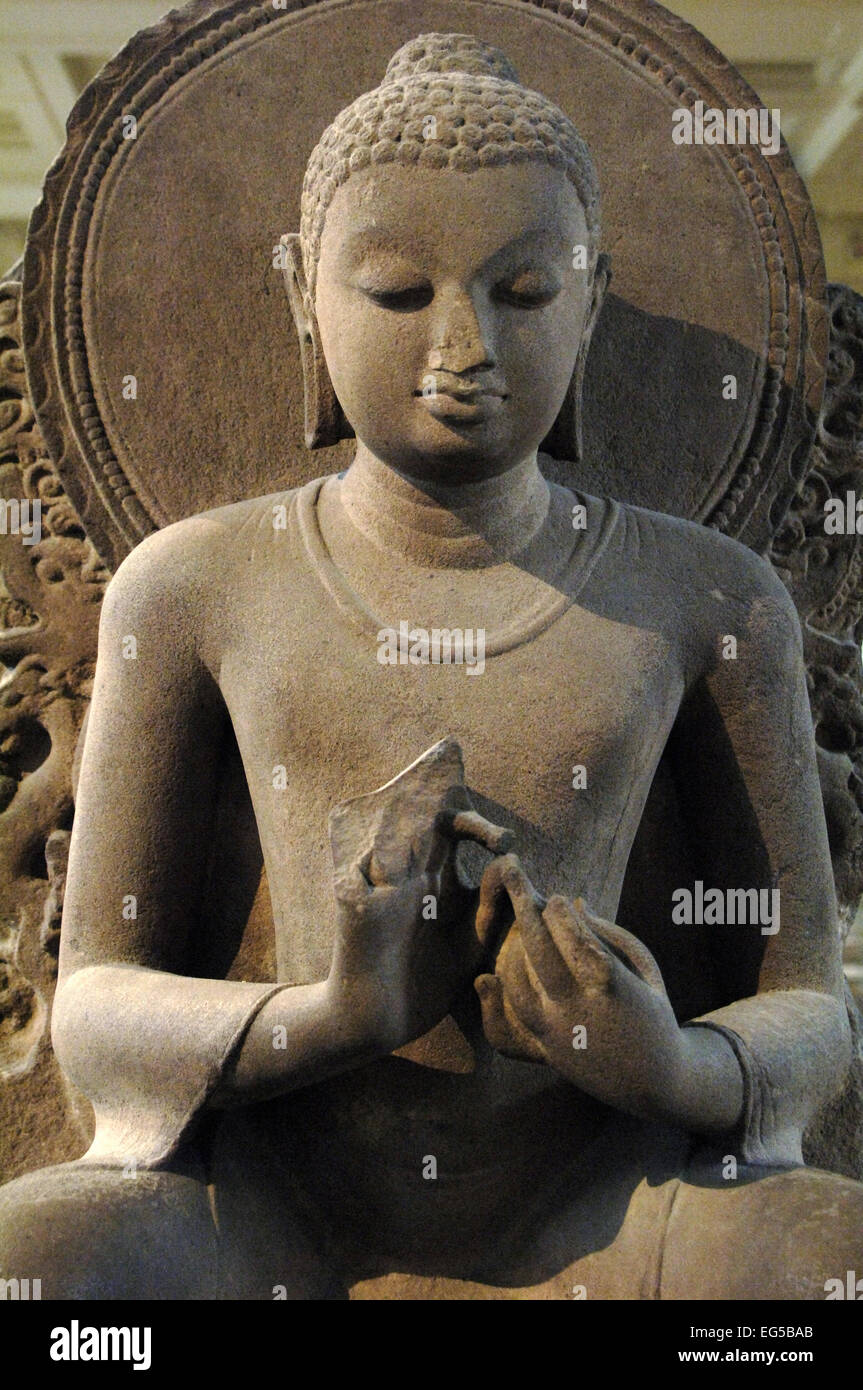 Sandstone figure of the seated Buddha. 5th century. Sarnath. Eastern India. British Museum. London. England. United Kingdom. Stock Photo