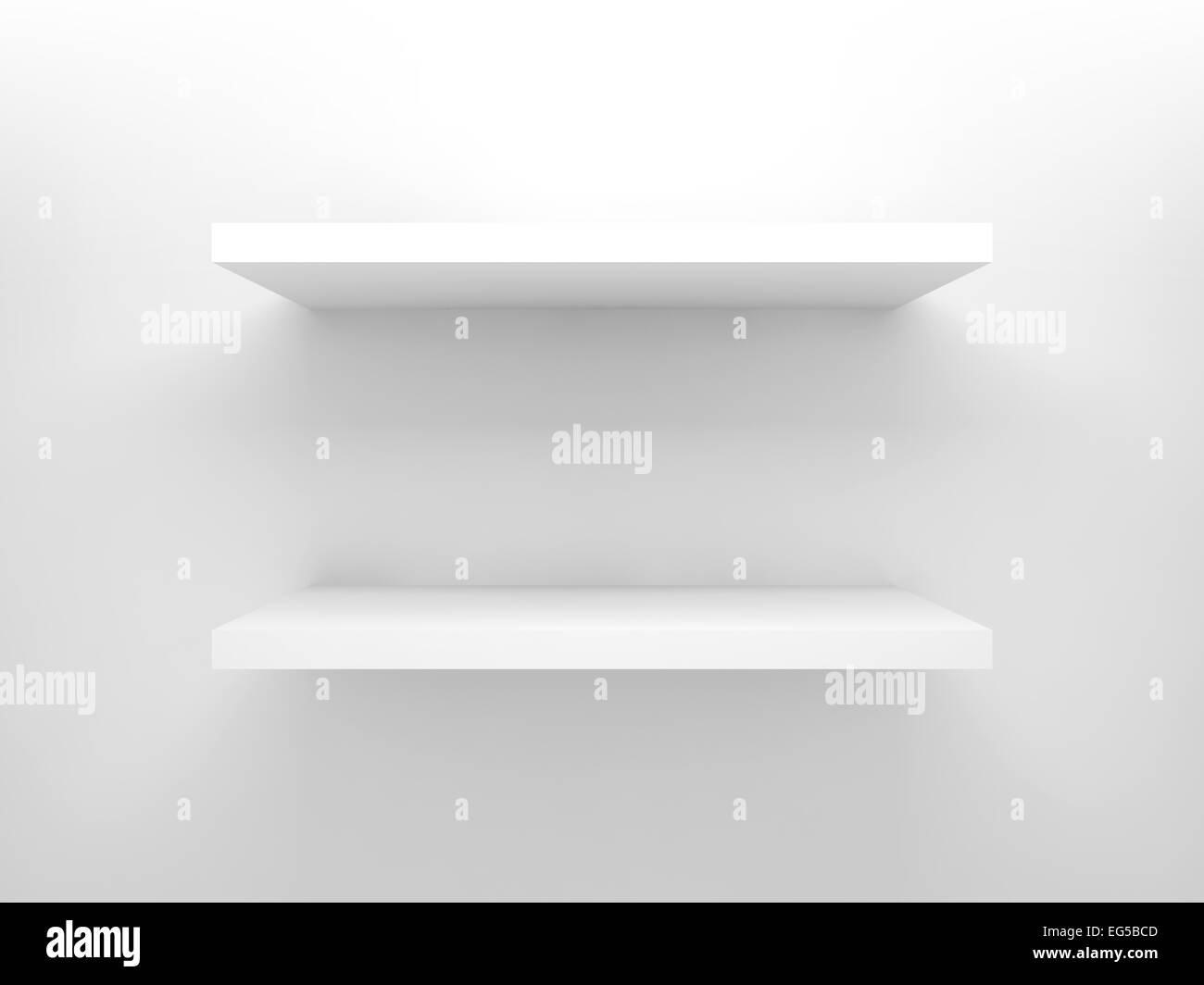 Abstract 3d design element, empty white shelves with soft shadow mounted on the wall Stock Photo