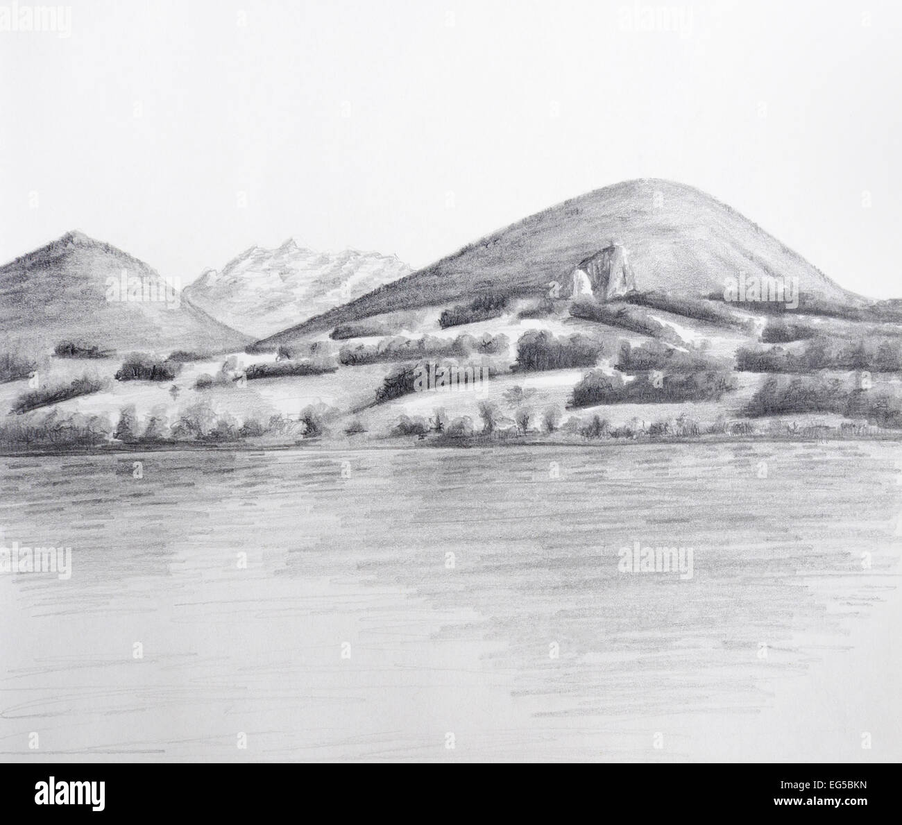 Lake & hills, pencil drawing, A5 : r/drawing