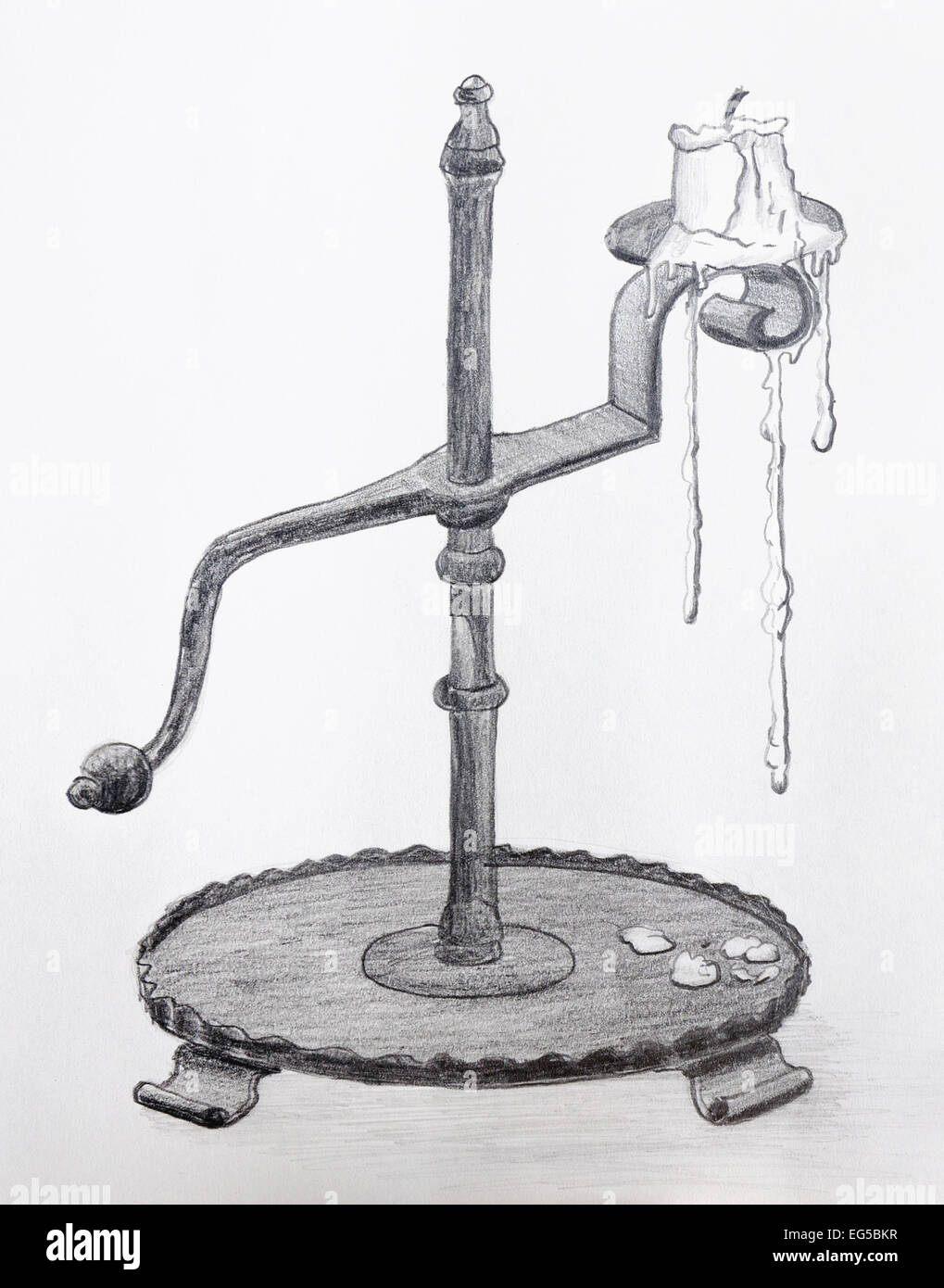 Pencil drawing of an old antique candle holder - grayscale on cartridge paper. Stock Photo