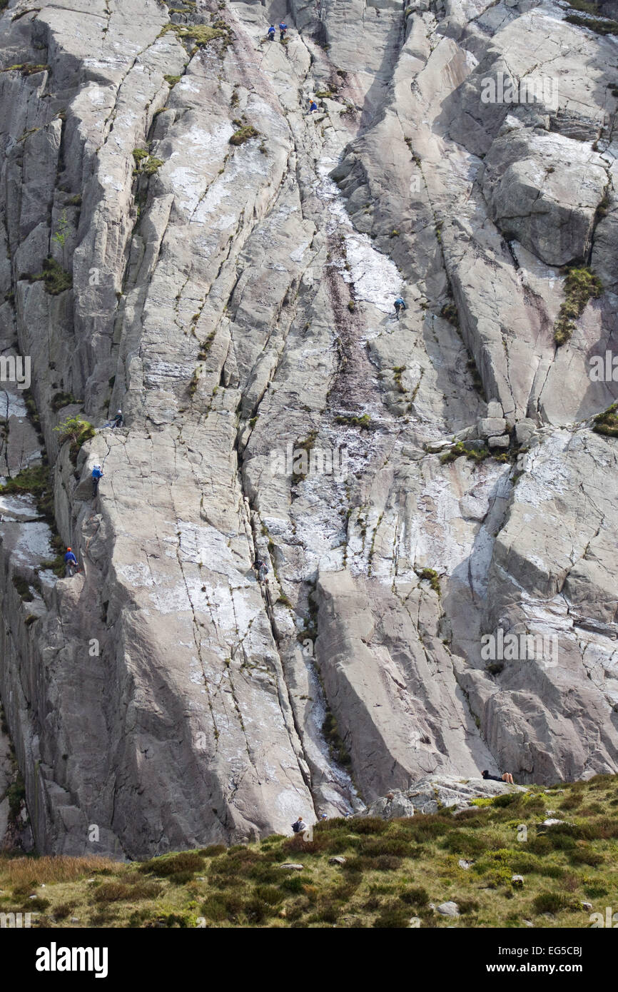Rock climbers on the Idwal Slabs in Snowdonia National Park, Wales. Stock Photo