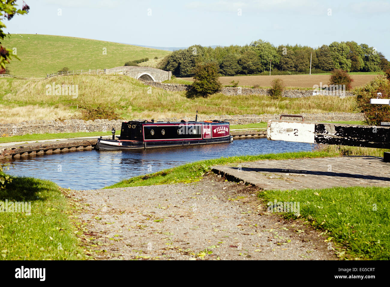 Canal boat William on Leeds and Liverpool canal in the Pennines Stock Photo