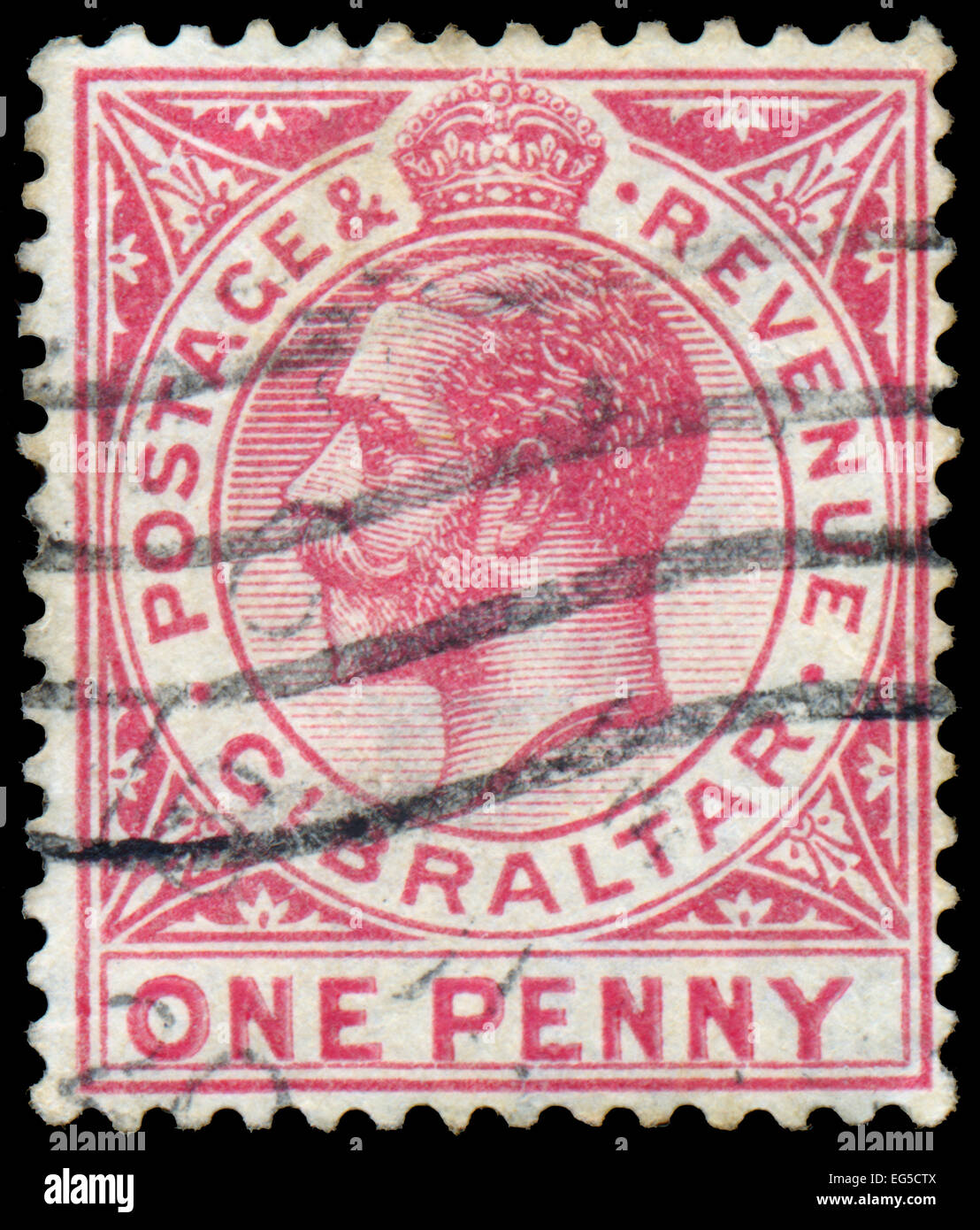 GIBRALTAR - CIRCA 1912: A stamp printed in GIBRALTAR shows image of the George V was King of the United Kingdom and the Dominion Stock Photo