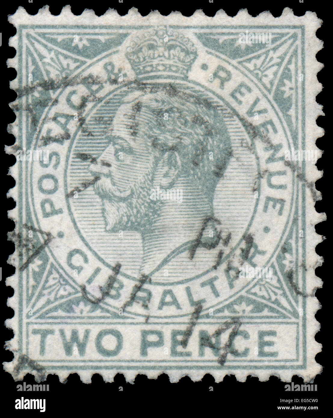 GIBRALTAR - CIRCA 1912: A stamp printed in GIBRALTAR shows image of the George V was King of the United Kingdom and the Dominion Stock Photo