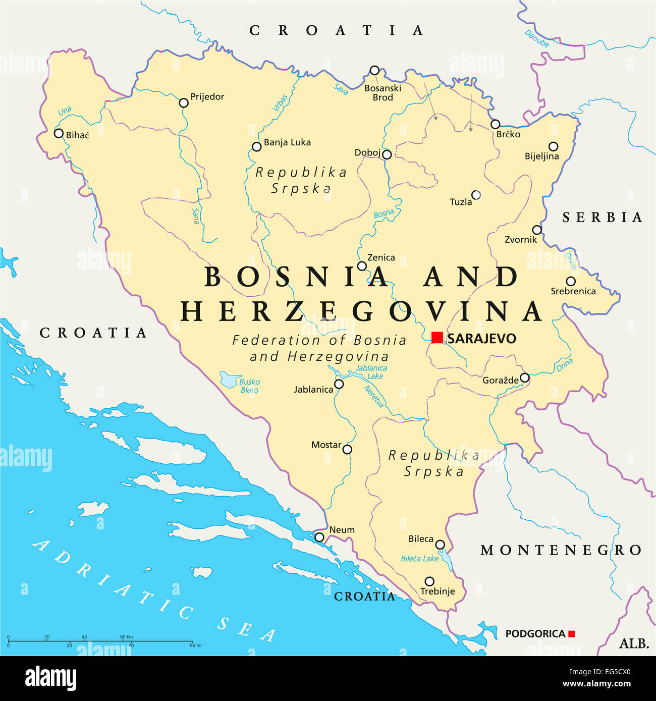 Bosnia And Herzegovina Political Map Stock Photo