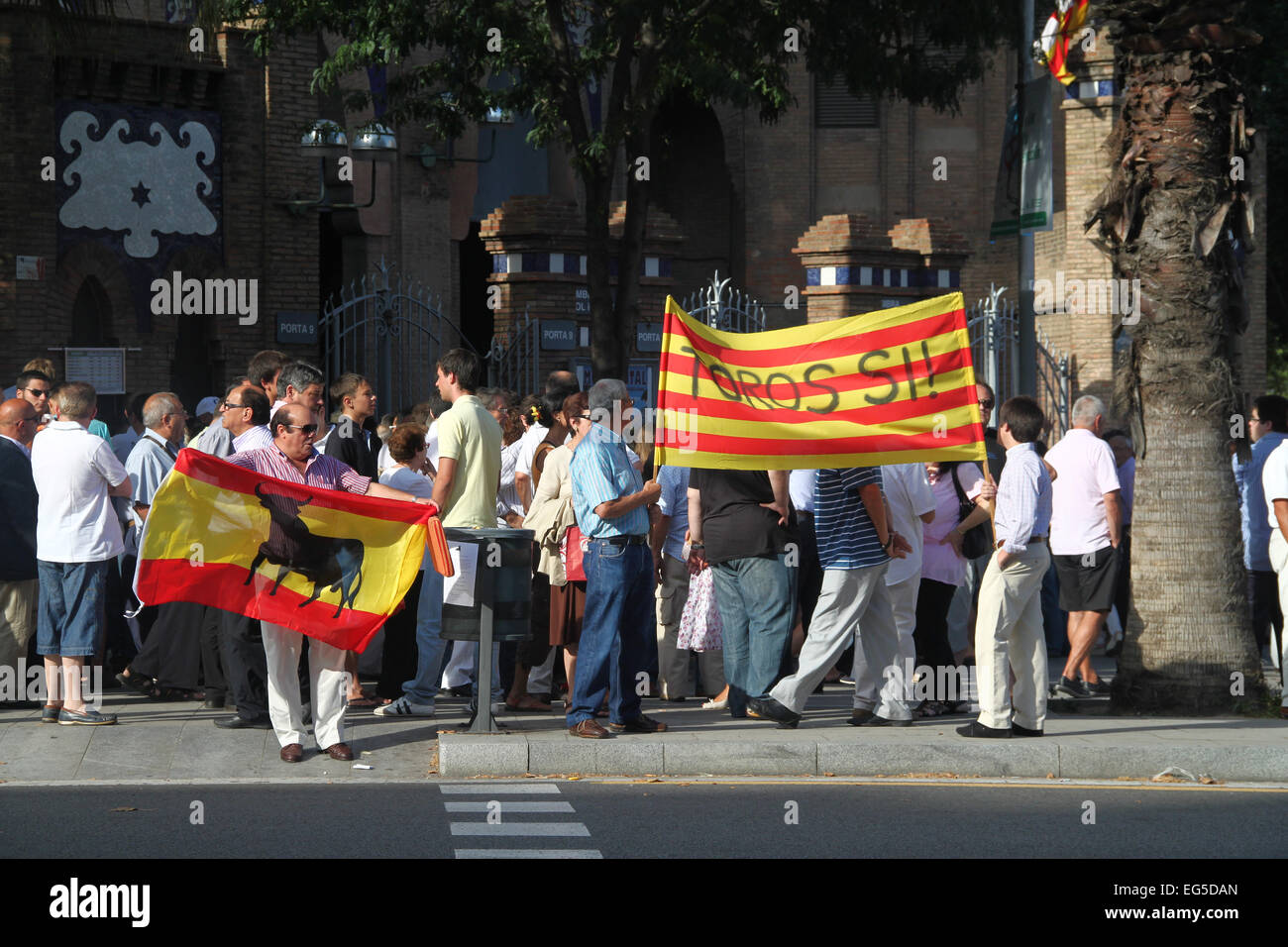 Pro bullfighting protesters with flags outside Monumental Bullring (plaza de toros), Barcelona, Catalonia, Spain Stock Photo