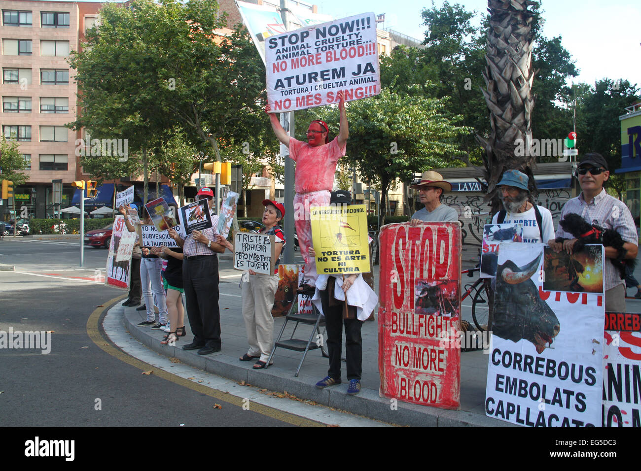 Anti bullfighting protesters with placards outside Monumental Bullring (plaza de toros), Barcelona, Catalonia, Spain Stock Photo