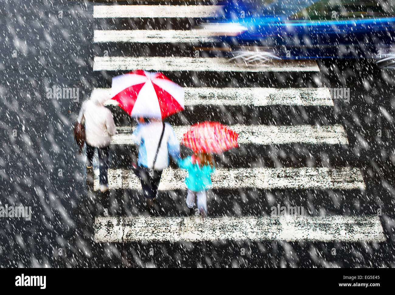 pedestrian crossing with car in the heavy snowfall Stock Photo