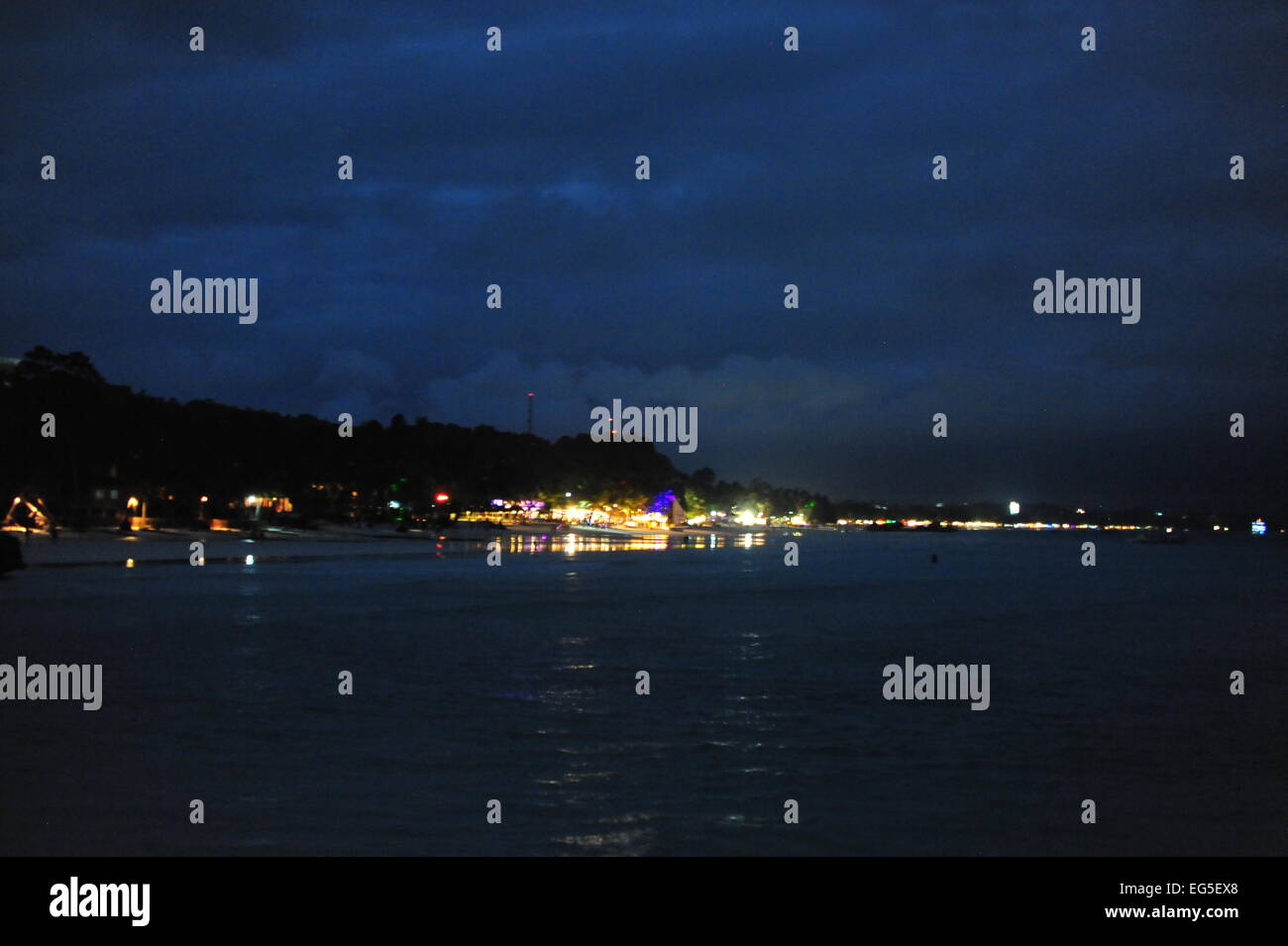 Lights of White Beach at Evening, Boracay, Philippines. Stock Photo