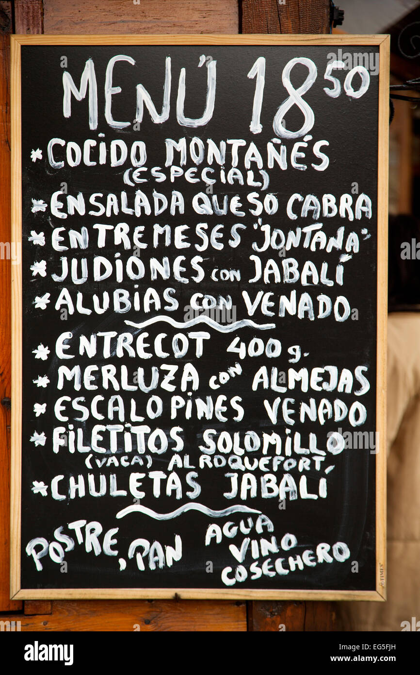Typical restaurant menu Barcena Mayor Saja Nansa natural park Cantabria Spain Stock Photo