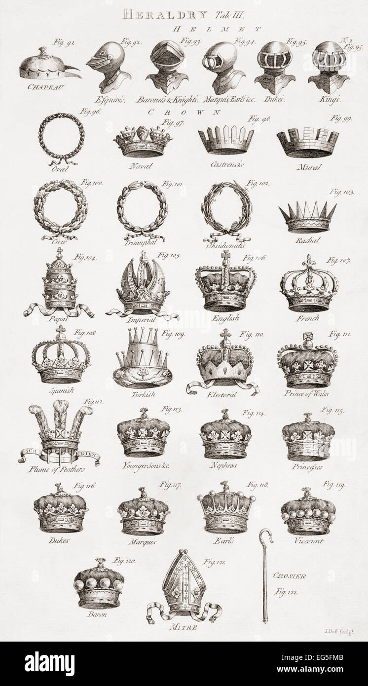 Crowns, coronets and helmets.  From an 18th century print Stock Photo