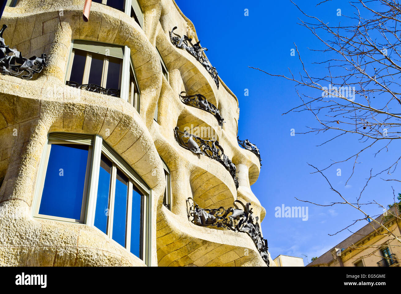 Casa Mila aka La Pedrera designed by Antoni Gaudi architect. Barcelona, Catalonia, Spain. Stock Photo
