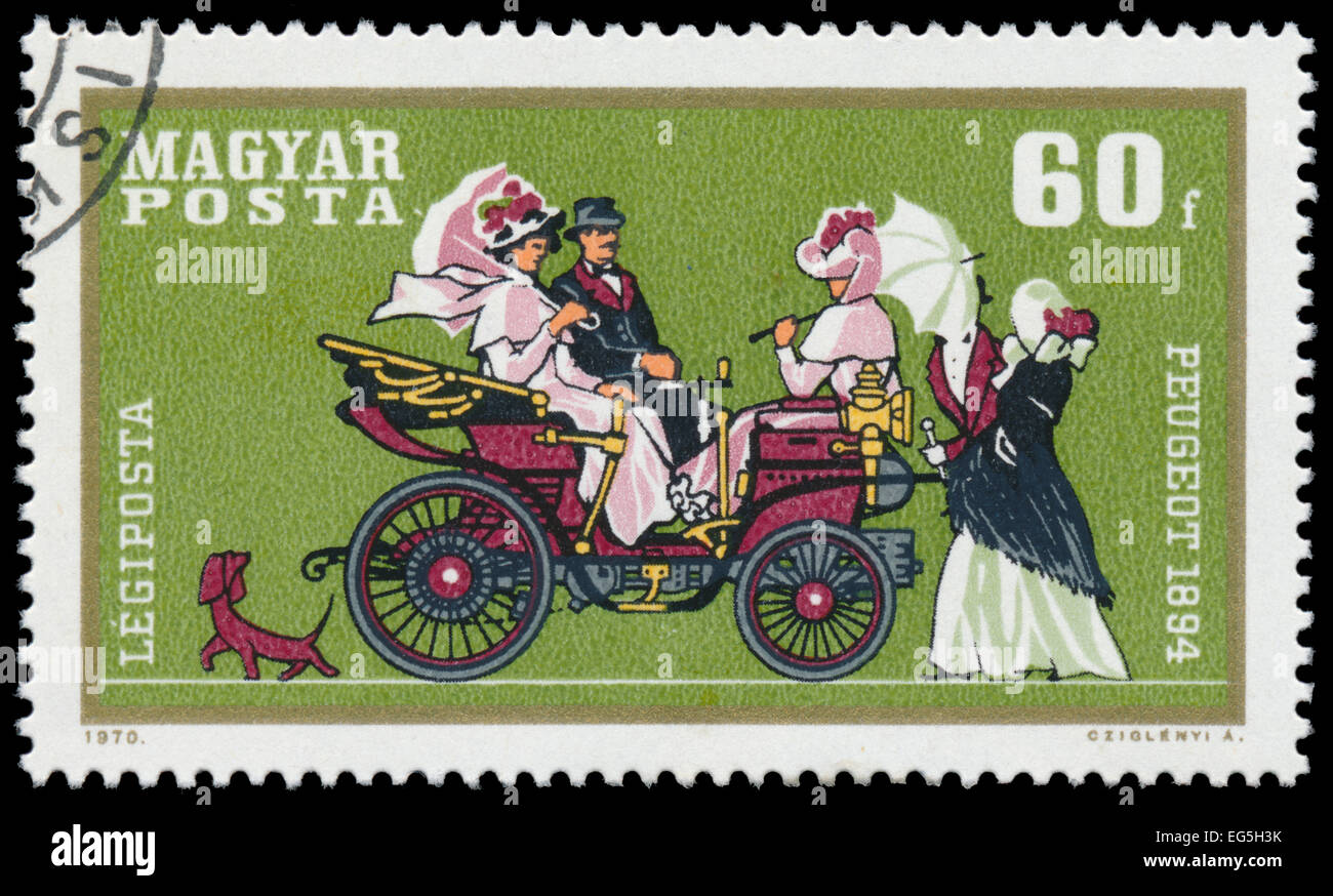 HUNGARY - CIRCA 1970: A stamp printed by Hungary, shows automobile, Peugeot, circa 1970 Stock Photo