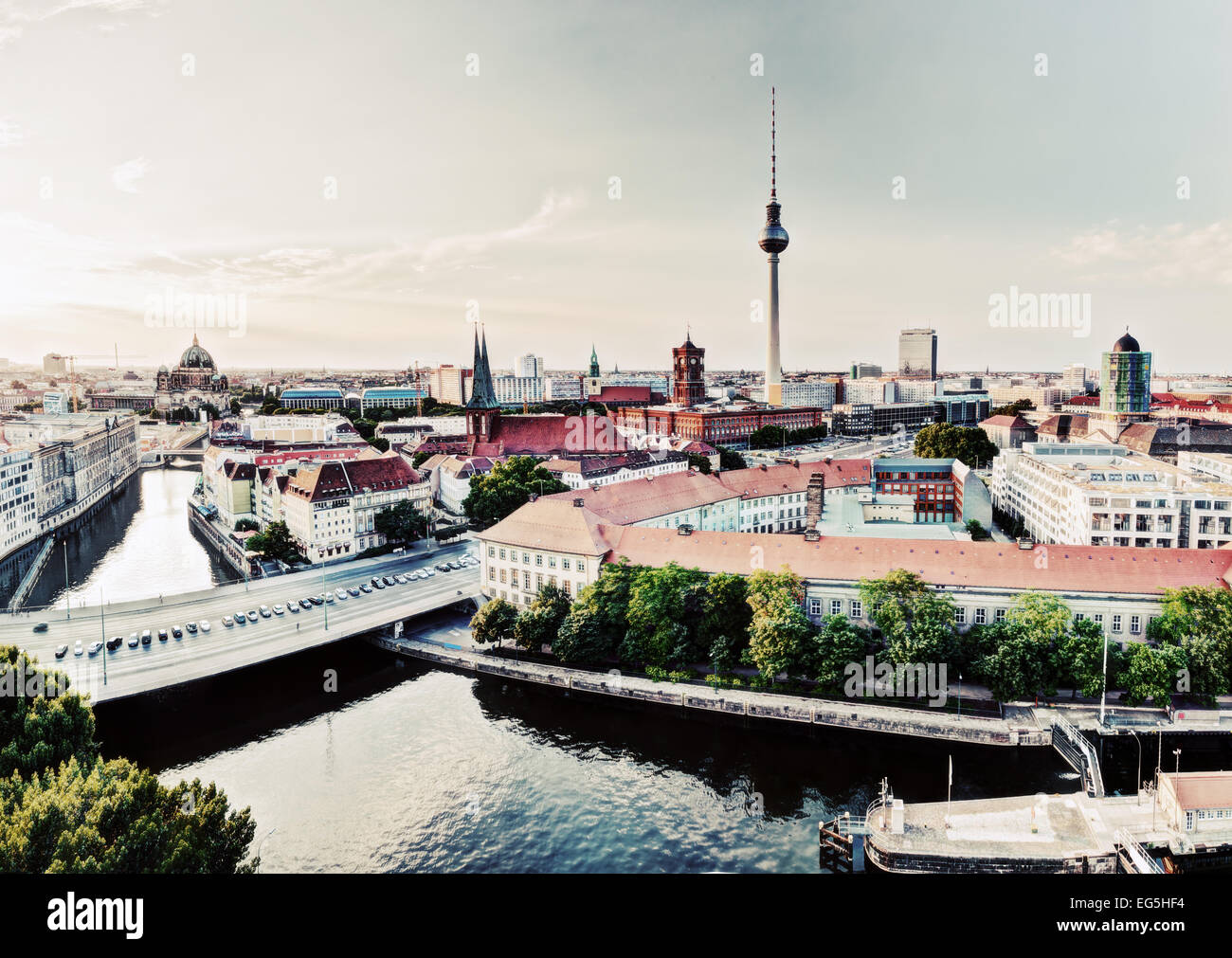 Berlin, Germany rooftop view on Television Tower, Berlin Cathedral, Rotes Rathau and the River Spree - the major landmarks Stock Photo