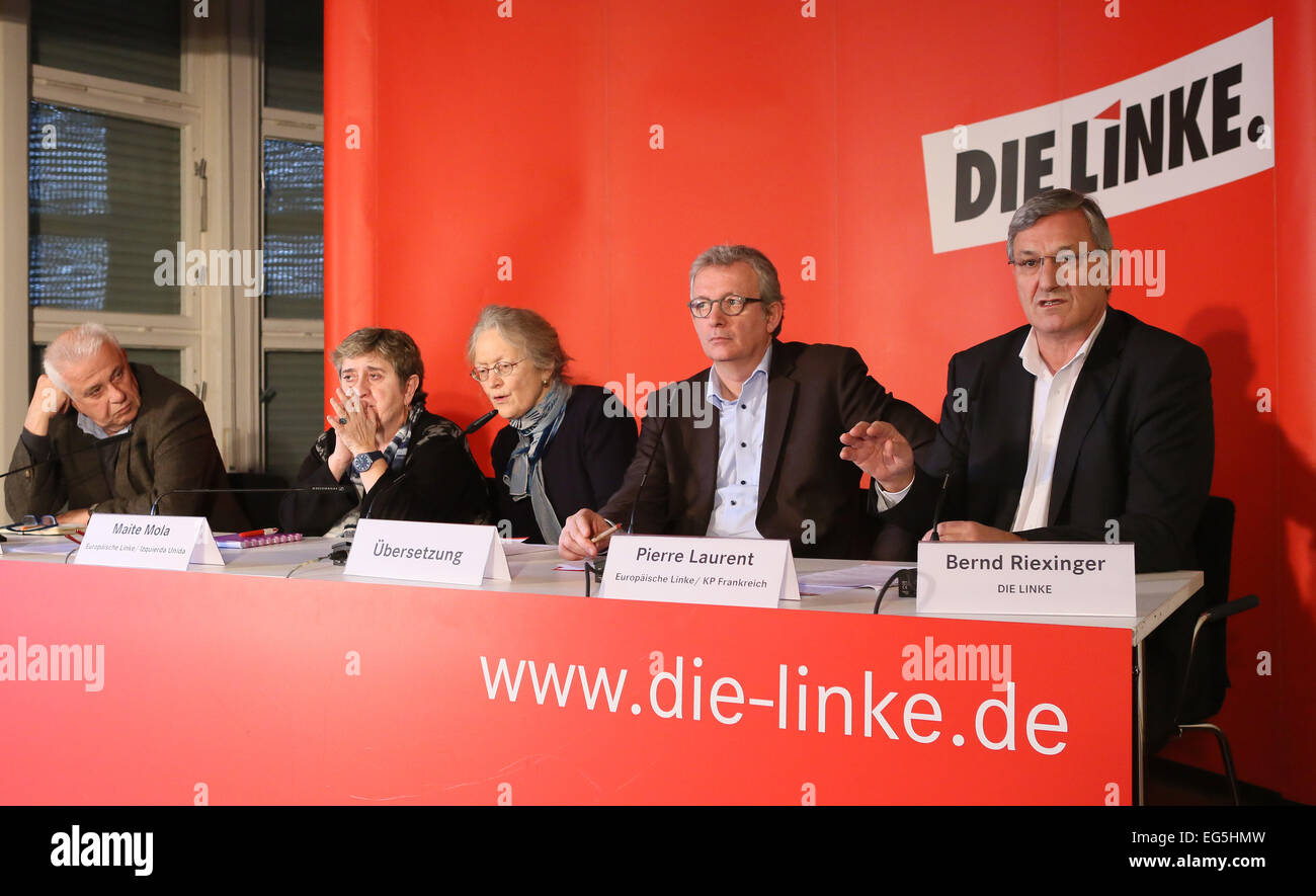 Berlin, Germany. 17th Feb, 2015. Politicians of the European Left, Theodoros Paraskevopoulos (L-R, Syriza Greece), Maite Mola (United Left, Izquierda Unida, Spain), a translator, Pierre Laurent ( European Left and Chairman of French Communist Party PCF) and Bernd Riexinger (Head of German Left Party Die Linke) attend a press conference in Berlin, Germany, 17 February 2015. The European Left parties give informations on their call 'Hope for a democratic awakening in Europe'. PHOTO: STEPHANIE PILICK/dpa/Alamy Live News Stock Photo