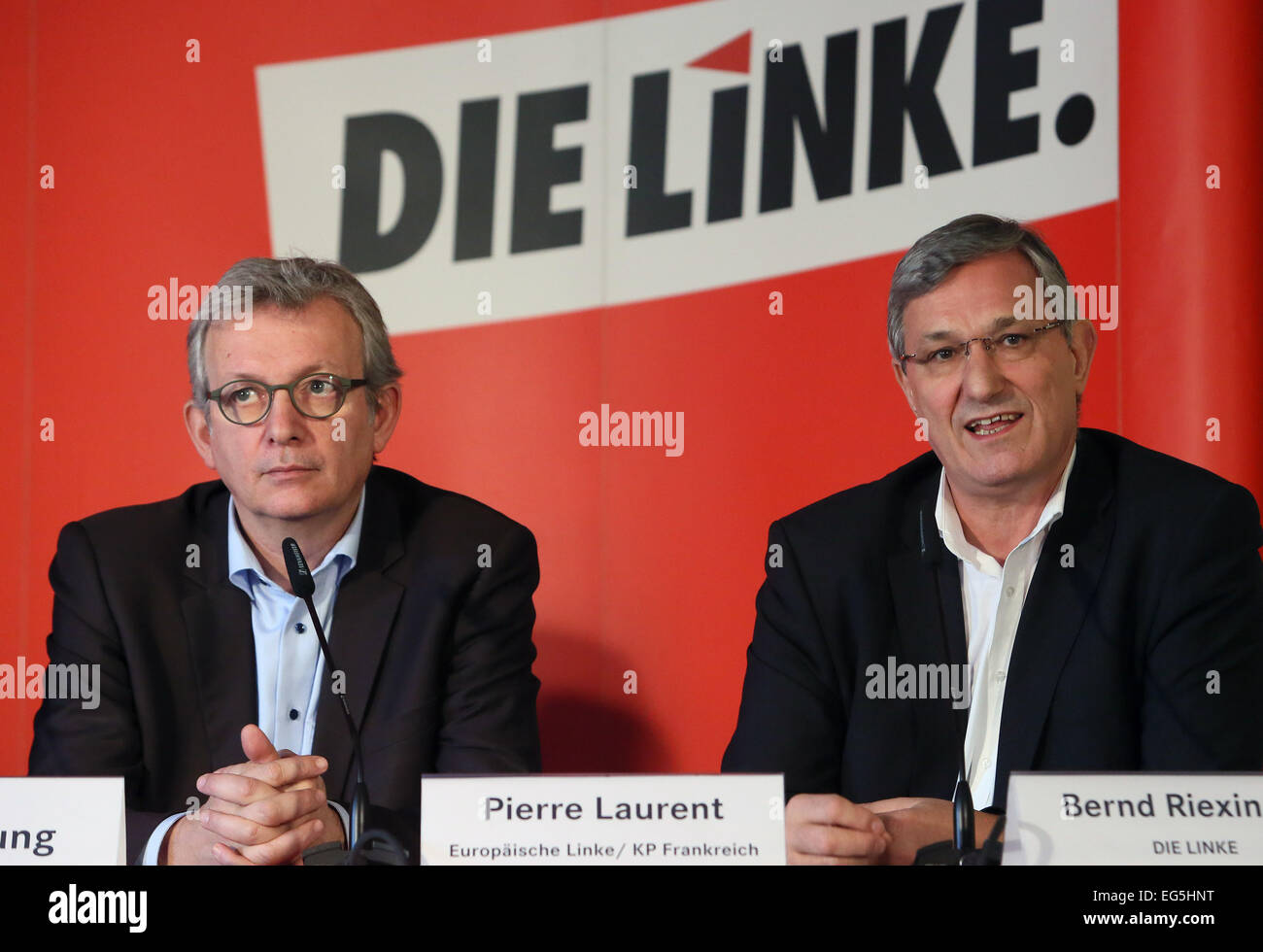 Politicians from the European Left Pierre Laurent (European Left and chairman of the French Communist Party PCF) and Bernd Riexinger (chairman of the Left, Die Linke) give a collective press conference. The European Left parties discuss their call 'Hope for a democratic awakening in Europe.' Photo: STEPHANIE PILICK/dpa Stock Photo