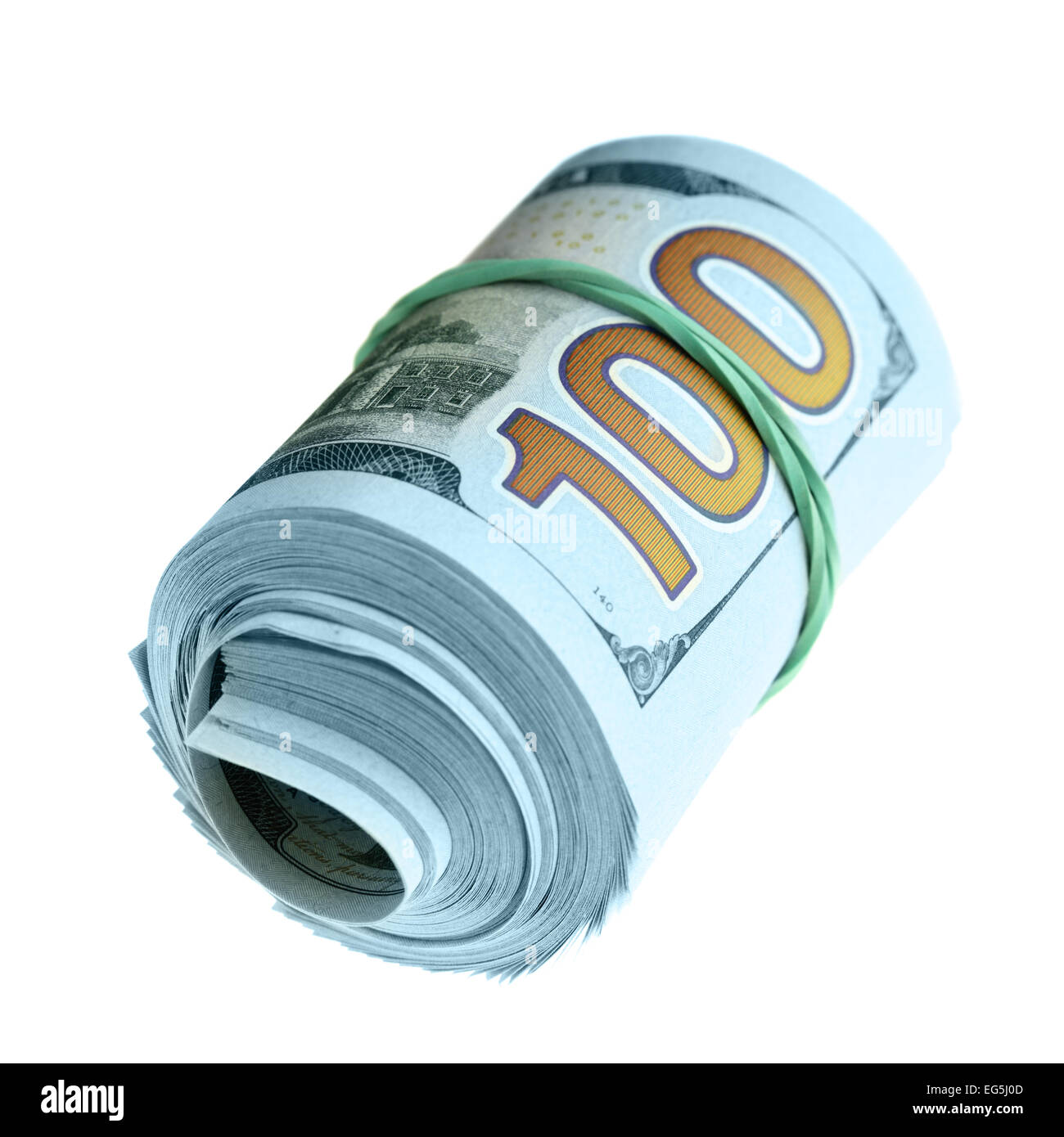 Roll of new hundred dollar bills isolated over the white background Stock Photo