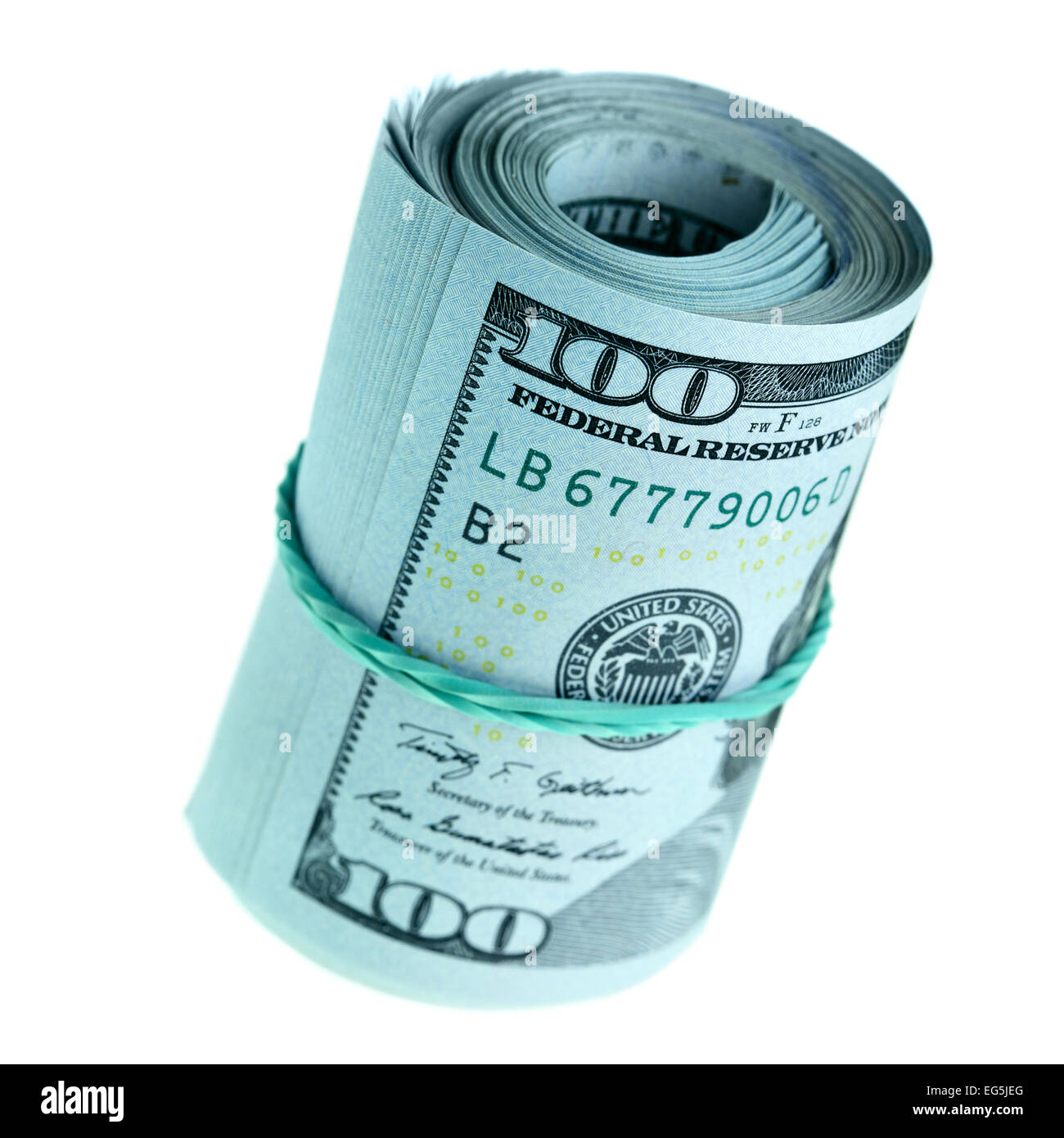Roll of new hundred dollar bills isolated Stock Photo