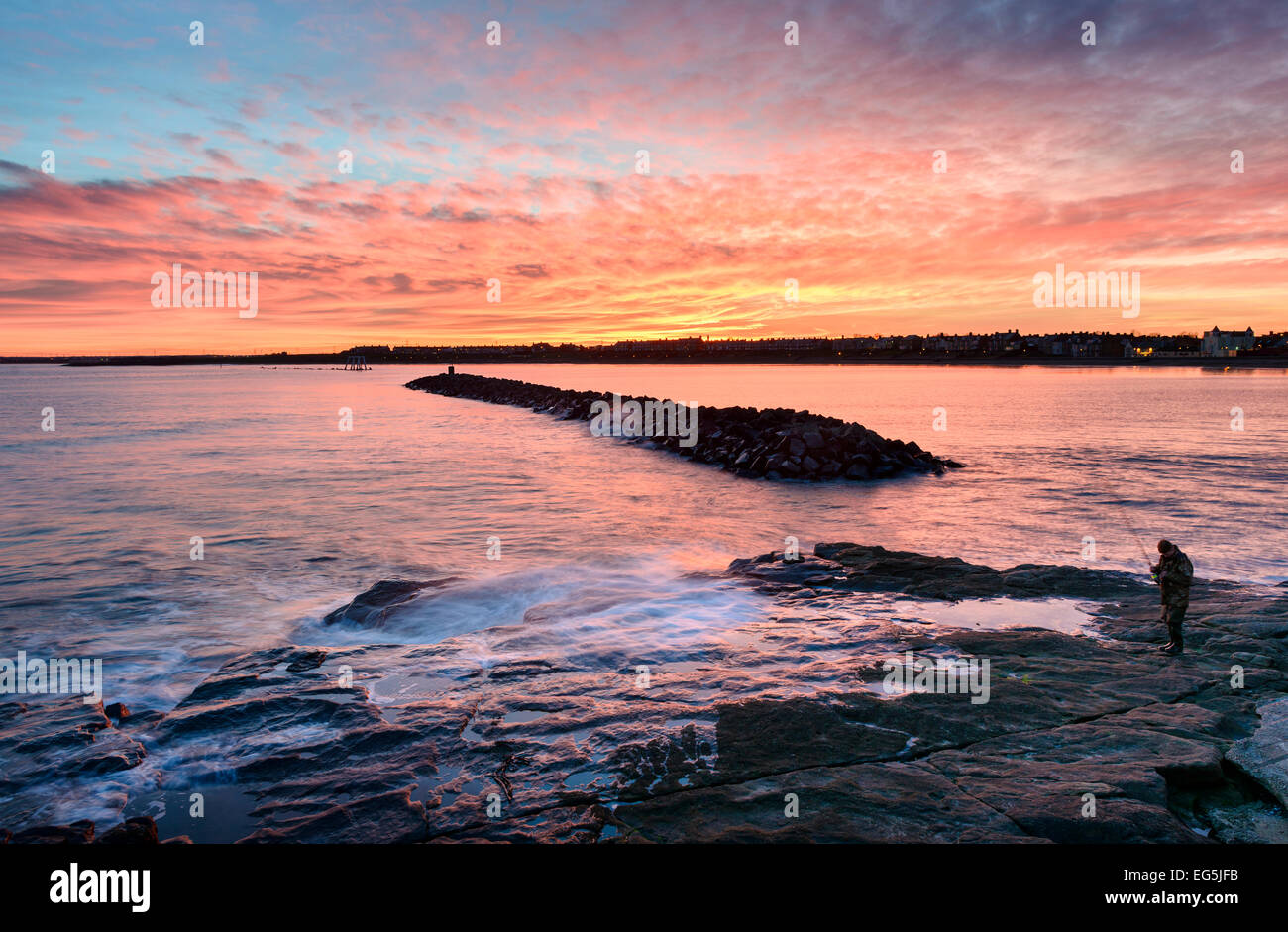 Sunset at Newbiggin by the Sea Stock Photo