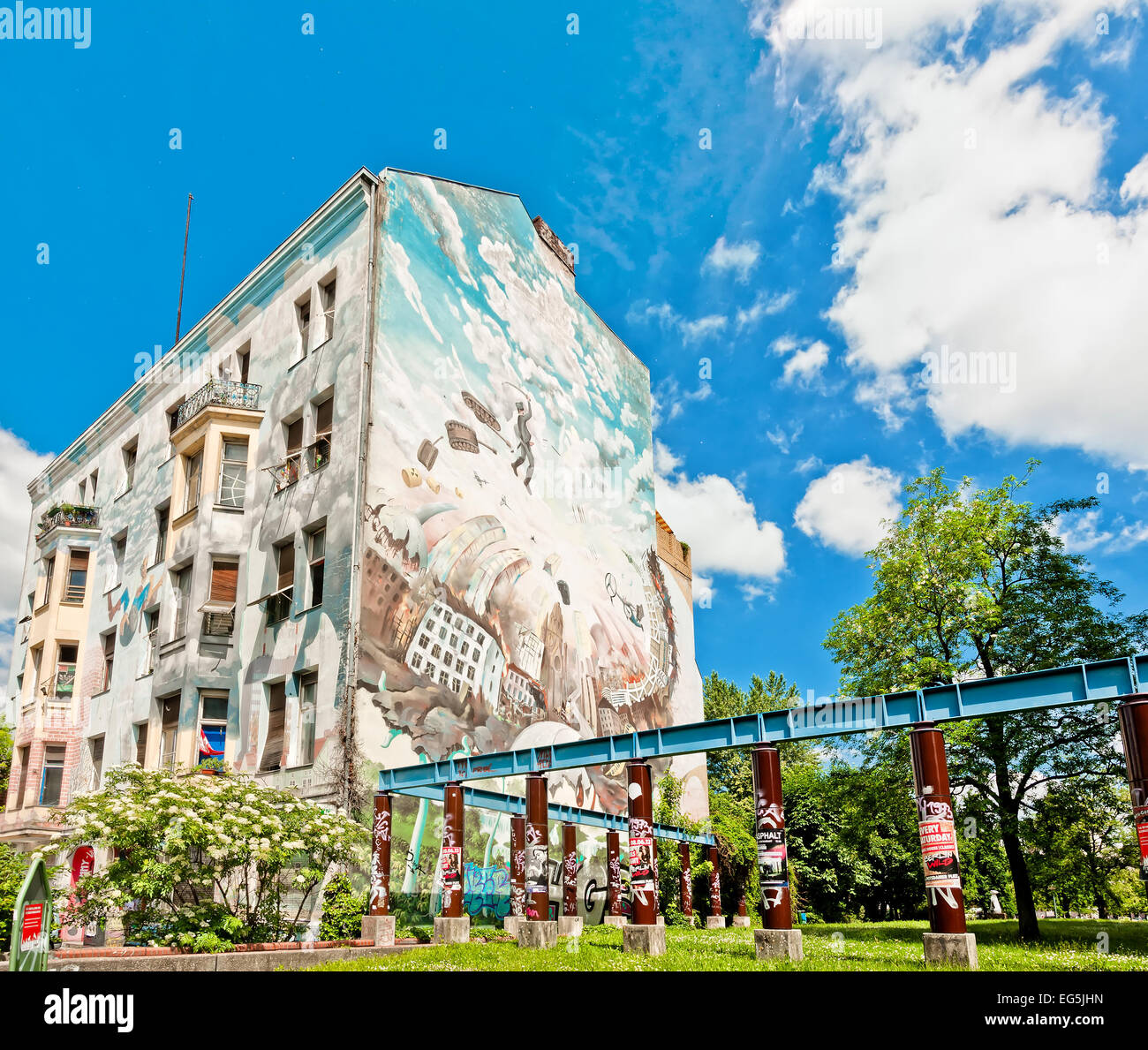 Berlin, Germany - June 10, 2013: mural on building in Friedrichstrasse, Kreuzberg district, on June 10, 2013. Kreuzberg is one o Stock Photo