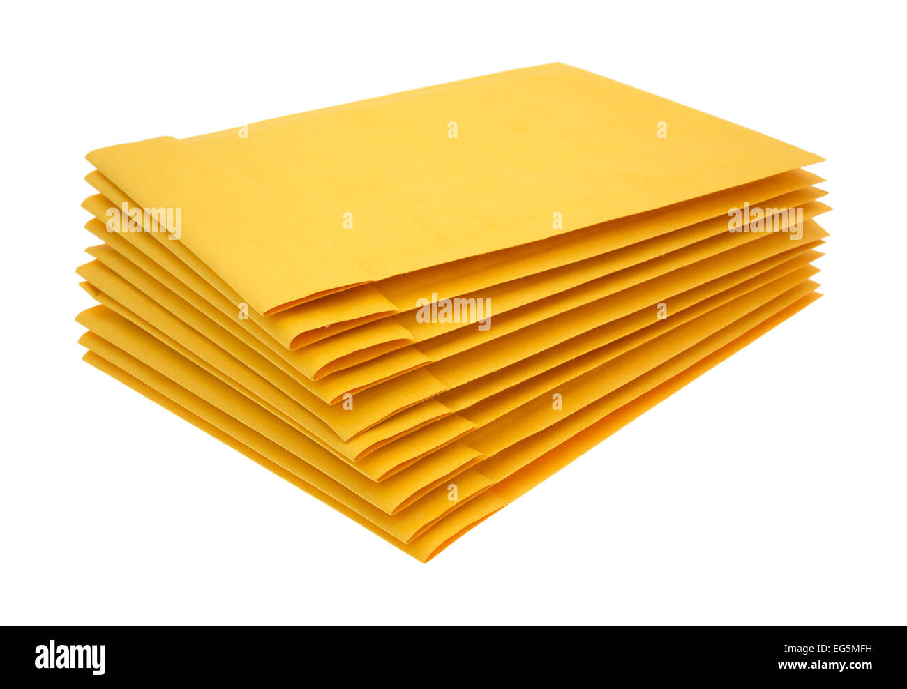 Side view of a blank padded manila envelopes fanned out at an angle on a white background. Stock Photo