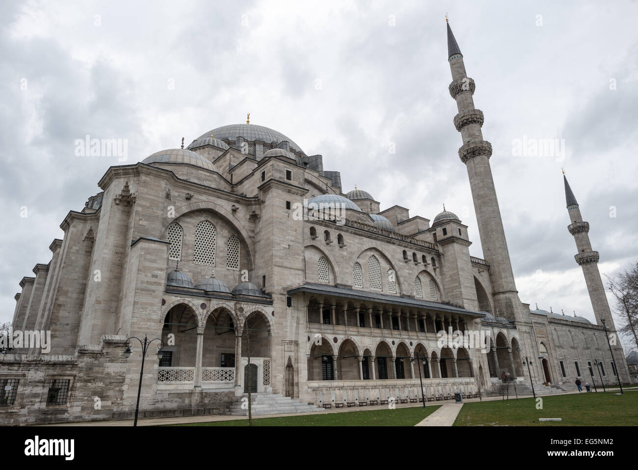 ISTANBUL, Turkey — Dedicated to Suleiman the Magnificent (or Suleiman I), the longest-reigning Ottoman Sultan (1520-1566), Süleymaniye Mosque stands prominently on Istanbul's Third Hill and is considered the city's most important mosque. It was completed in 1558. Stock Photo