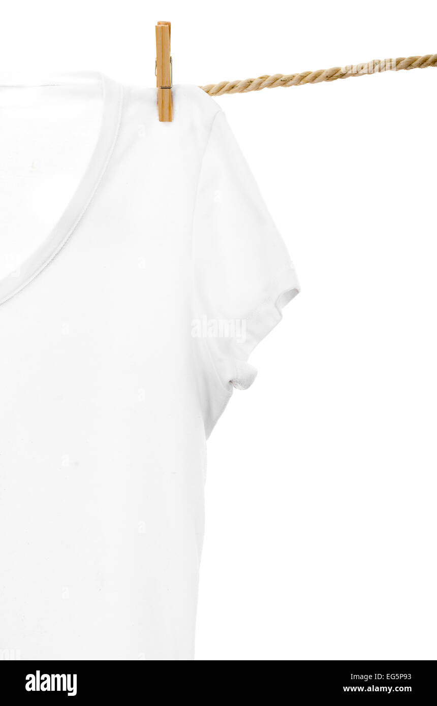 white tshirt hanging on a rope clothesline Stock Photo Alamy