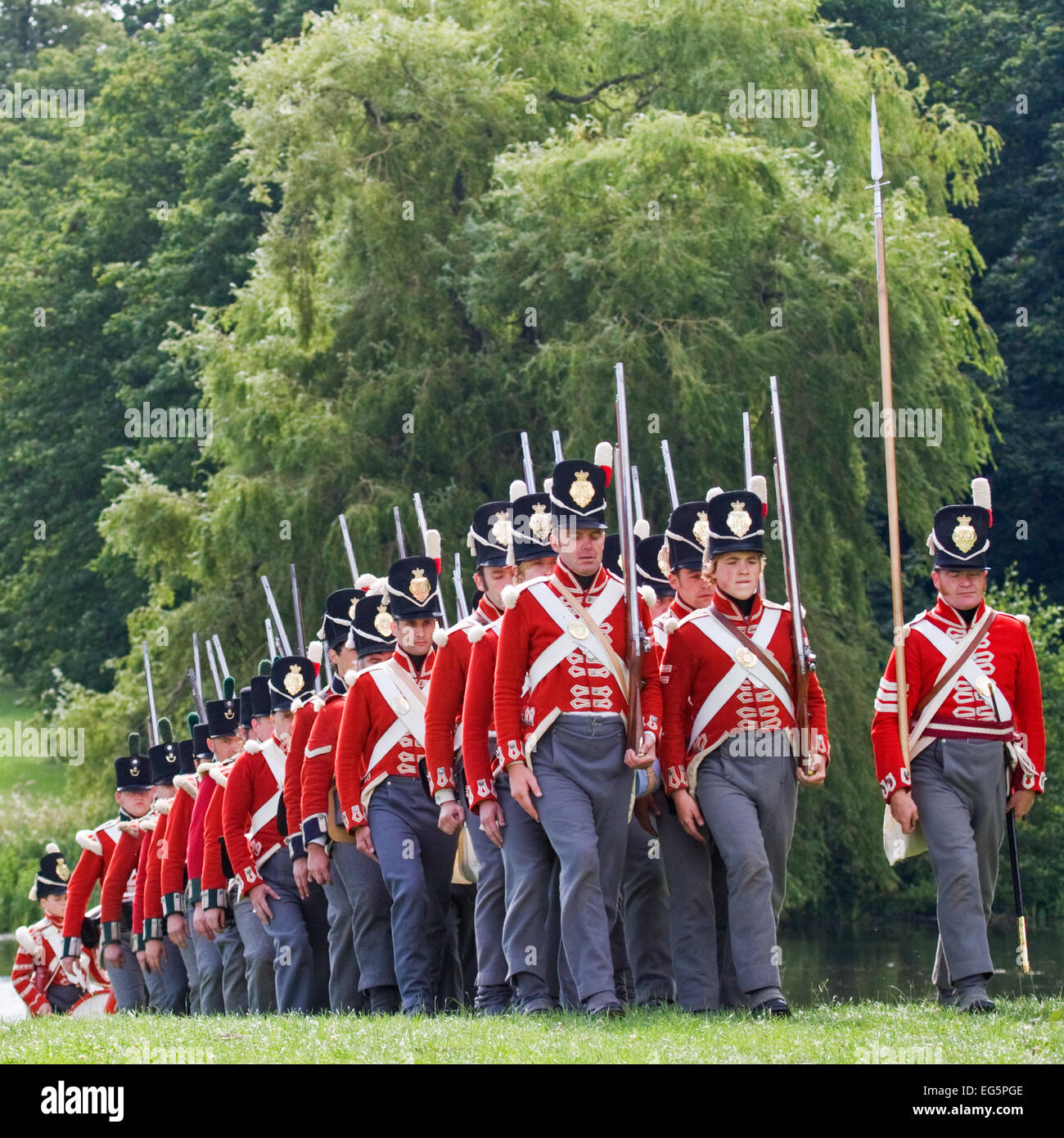 Living Historians of the 33rd Regiment of Foot Wellington's Redcoats who fought in the Napoleonic Wars, 1812–1815 Stock Photo