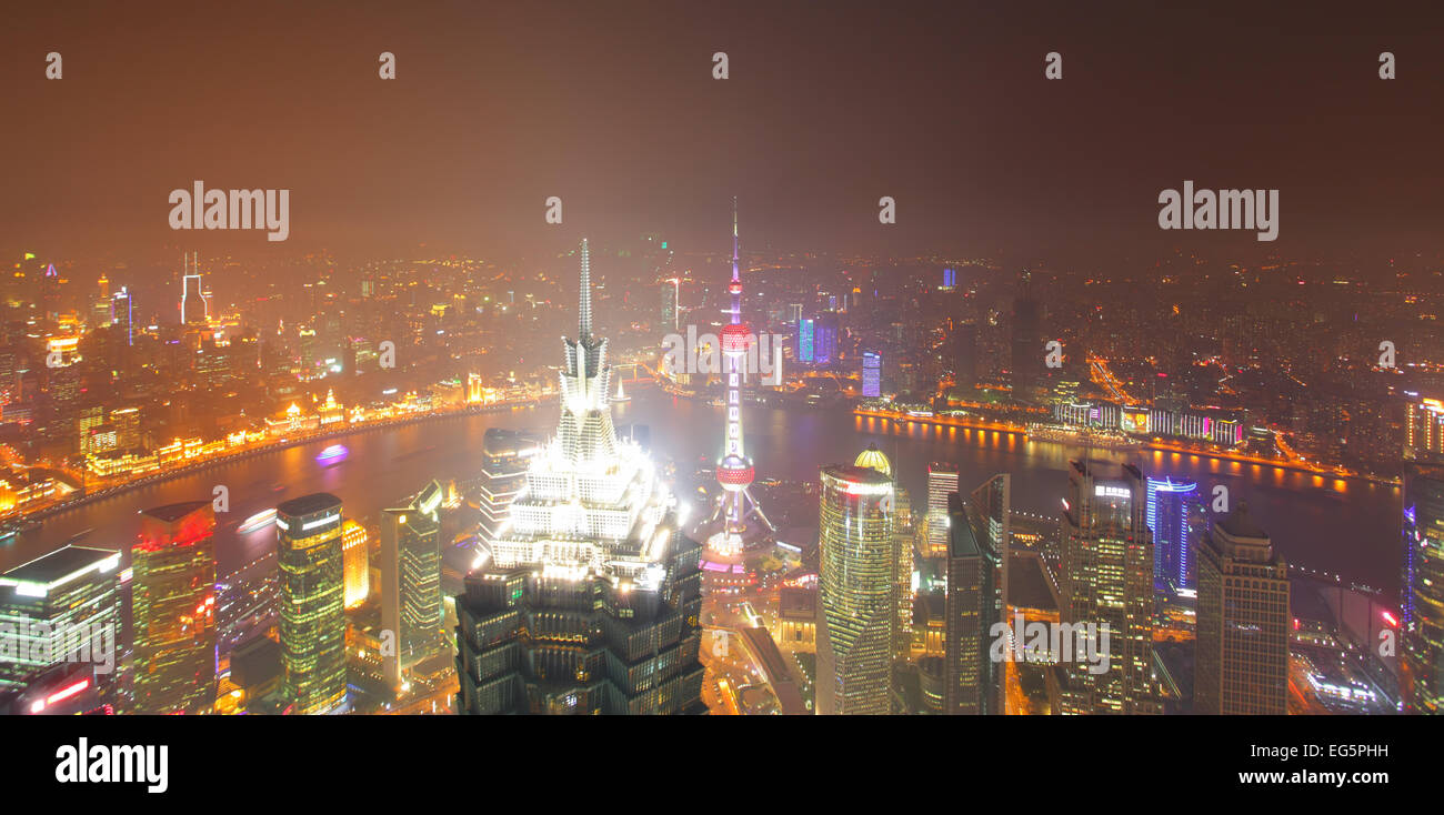 Aerial view of Shanghai at night from SWFC building Stock Photo