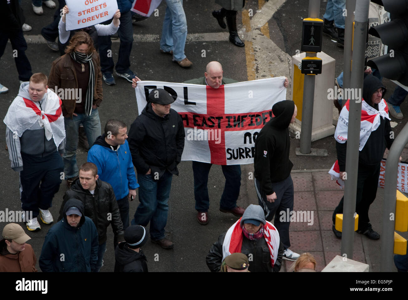 A English Defence League (EDL) protest in London, England. Members of the EDL held a static protest in Reading town Stock Photo