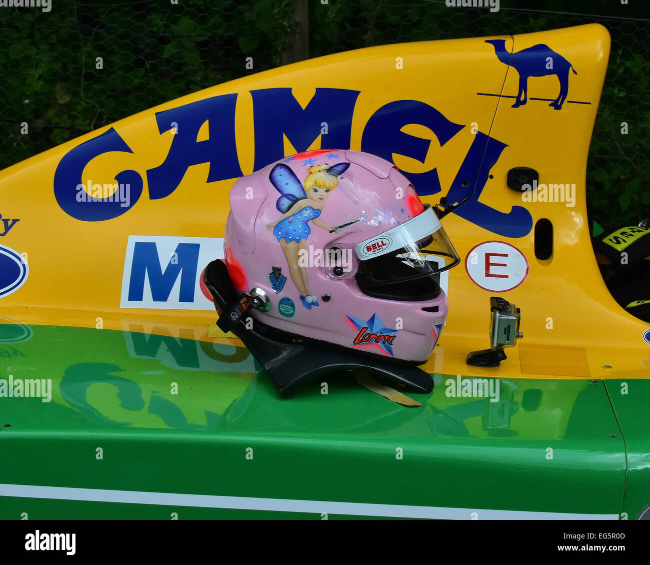Pink racing helmet of Lorina McLaughlin Benetton-Ford B192 Goodwood Festival of Speed, 2014 Stock Photo