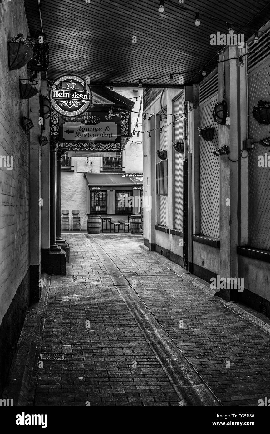 Winecellar Entry Belfast with no one walking through.  The photograph is rendered as a monochrome. Stock Photo