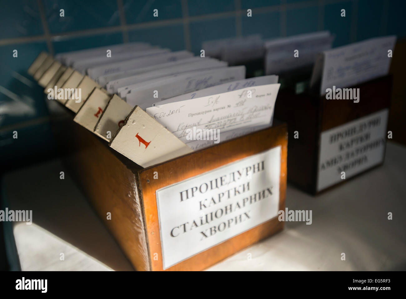 Patients cards in Military Hospital, Ukraine. During Ukrainian-Russian conflict military hospitals overloaded for more than 30%. Most of clinics work with old soviet medical equipment, and lack of modern machines such as tomographs. 16 of February. Photo by Oleksandr Rupeta Stock Photo