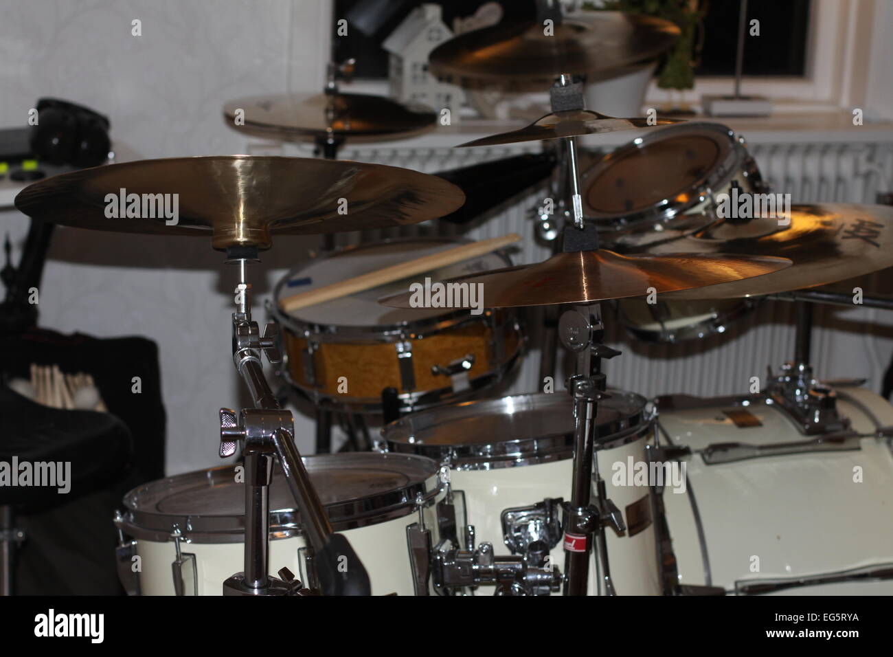 Photograph of an beautiful drum set with many cymbals Stock Photo Alamy