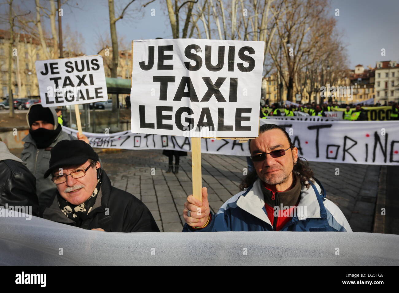 Italian Taxi driver protest against Uber app in Turin (Italy) Stock Photo