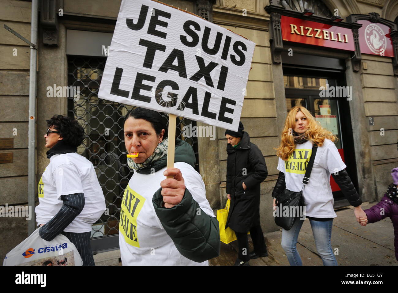 Italian Taxi driver protest against Uber app in Turin (Italy) Stock Photo