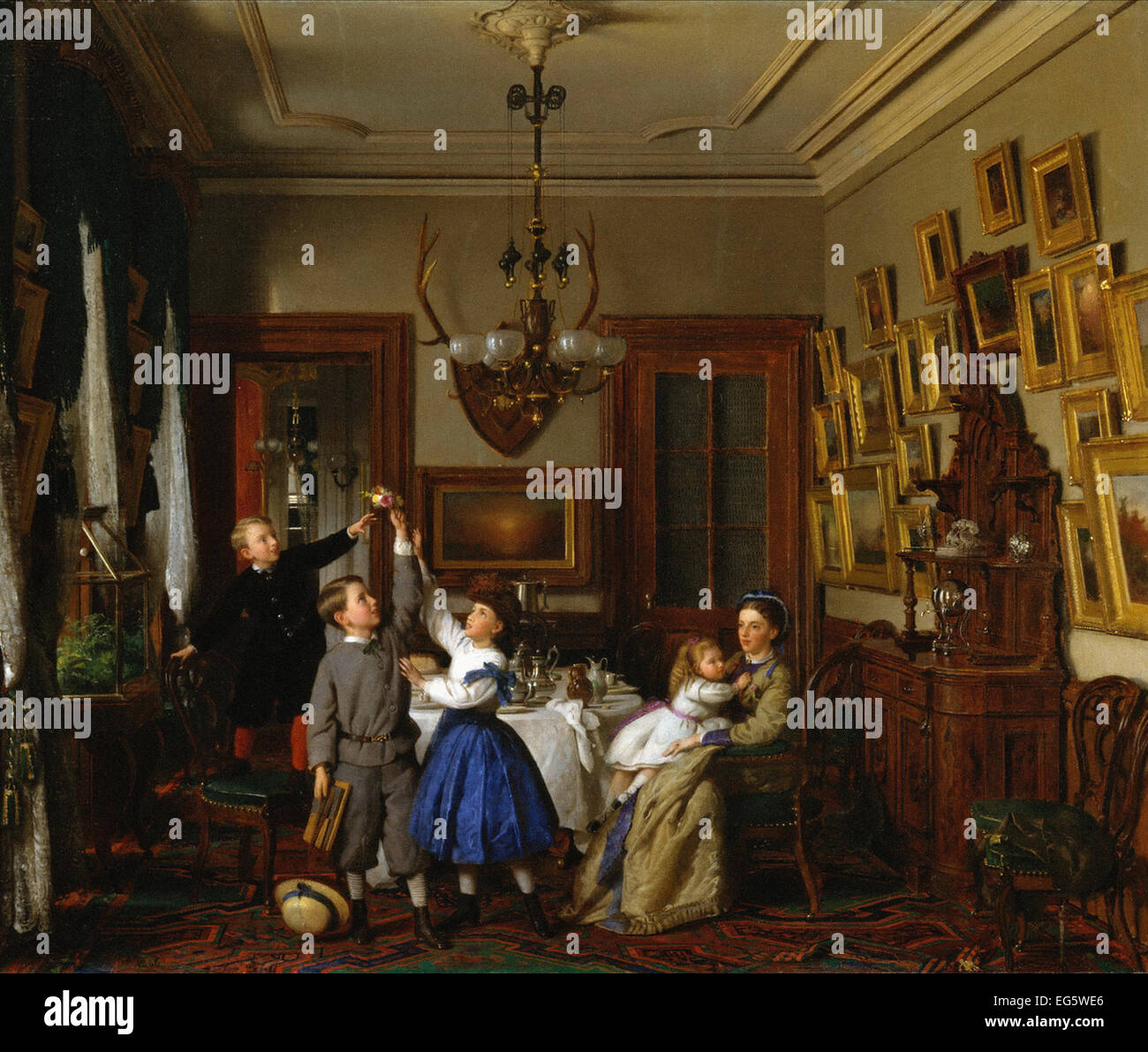 Seymour Joseph Guy  The Contest for the Bouquet, The Family of Robert Gordon in Their New York Dining-Room Stock Photo